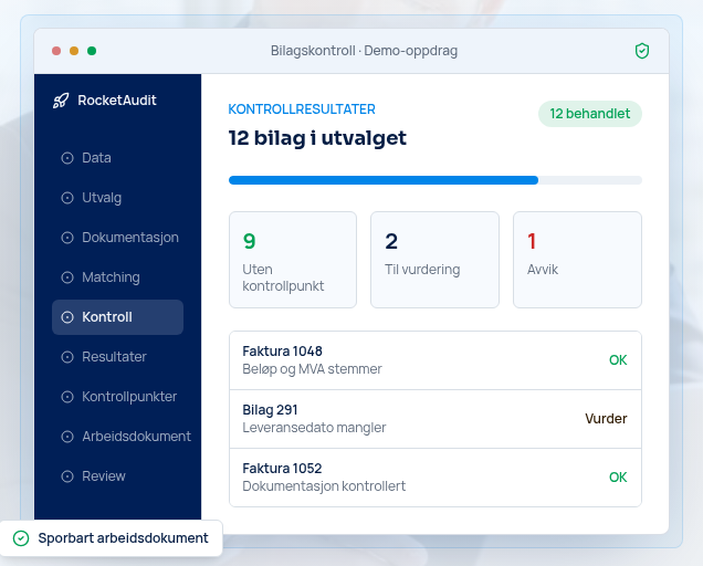 RocketAudit-plattformen med demodata